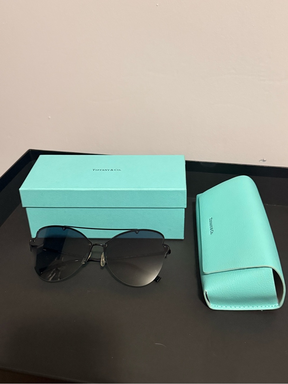 Tiffany & Co. Black Gradient Lens Sunglasses with Iconic Tiffany Blue Case